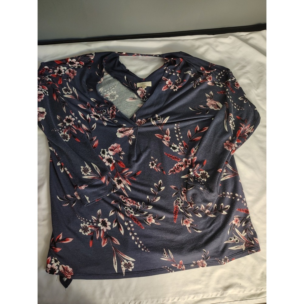 Cupio Blush Women XL Floral V-Neck Strappy Back Long Sleeve Knit Top Blue Pink